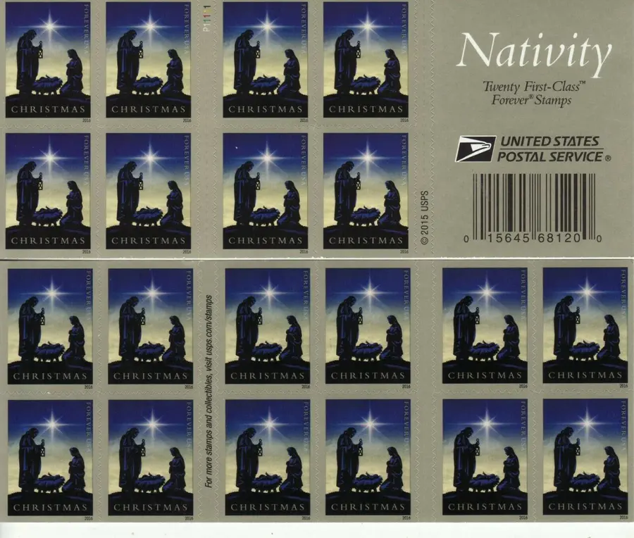 Front and back of a Nativity Forever stamp booklet showing 20 stamps
