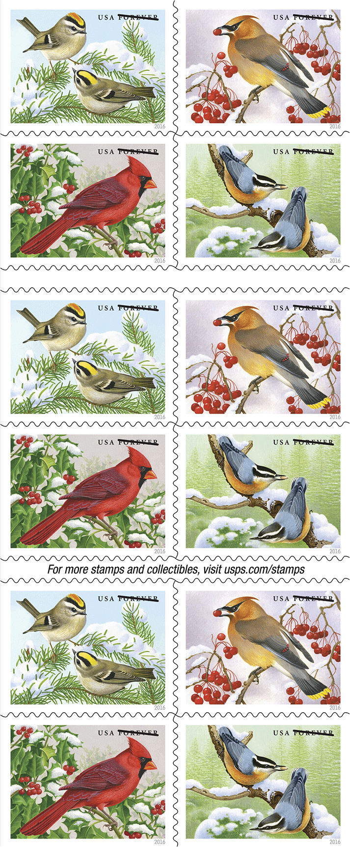 2016 Forever Stamps Songbirds In Snow | Tool Stamps US Postage Stamps